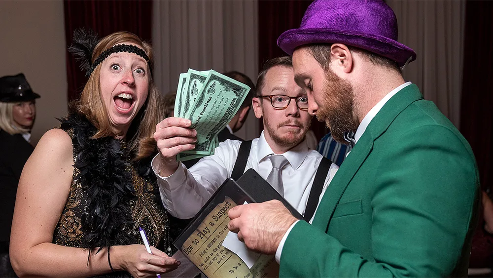 Guests enjoying a Chicago murder mystery party